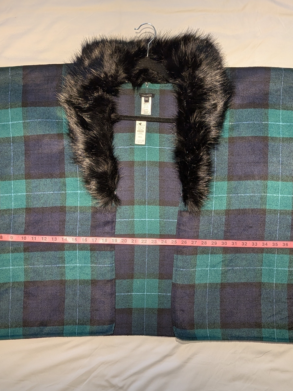 Talbots NWT Black Faux Fur Collar Green and Blue Plaid Cape